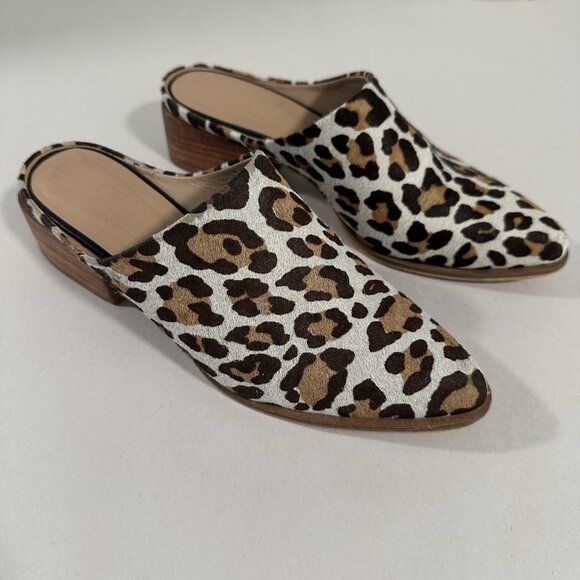 Able Shoes - ABLE TAN AND BROWN LEATHER CALF HAIR LEOPARD PRINT MULES SIZE 8